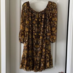 Moda international black yellow brown Boho print 3/4 sleeve A line dress top S